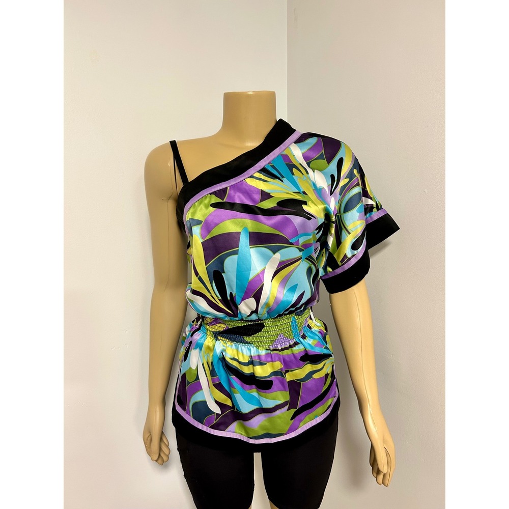 Y2K IZ Byer One Shoulder Abstract Psychedelic Print Satin Top XS Multicolor